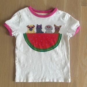 Mini Boden White Tee with Pink Trim and Watermelon Pup Print